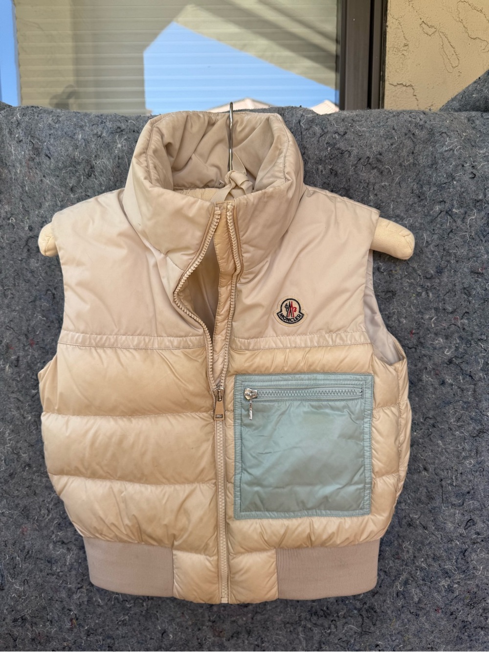 Moncler Kids Beige Puffer Vest with Light Blue Pocket